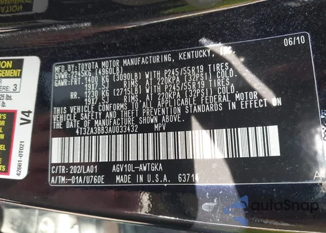 2010 Toyota Venza z USA, uszkodzony, nr VIN 4T3ZA3BB3AU033432